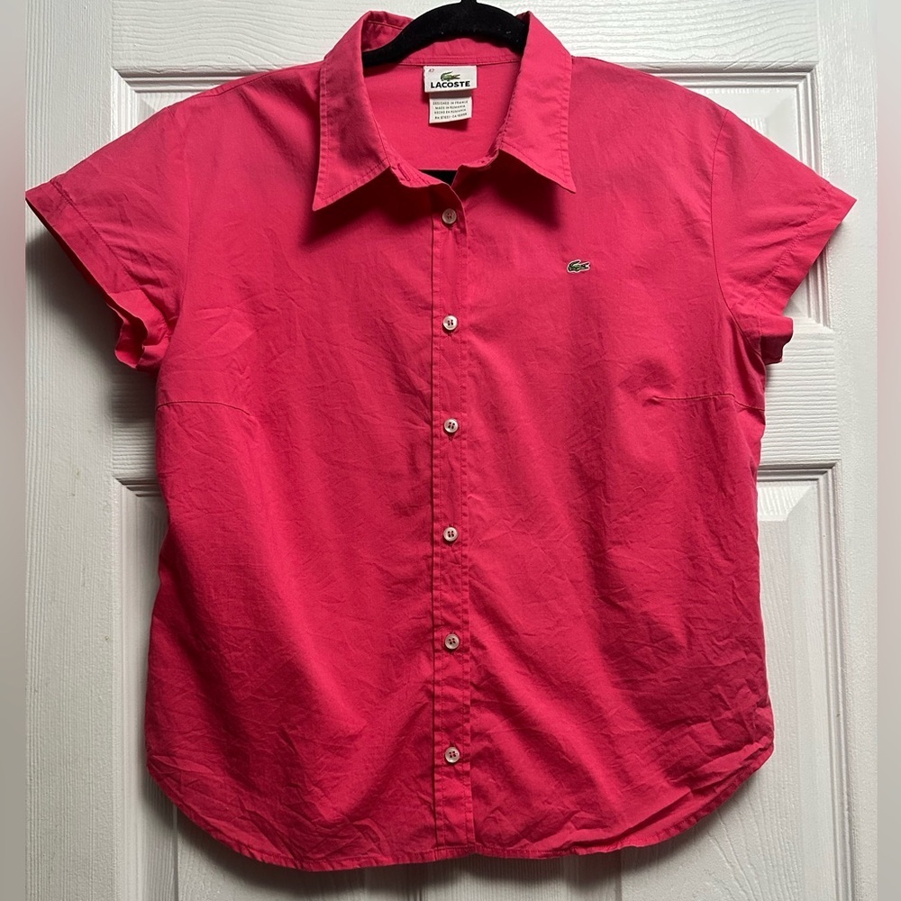 Women’s Lacoste Hot Pink Button Down Short Sleeve Shirt